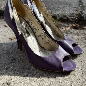 Purple Peep-Toe Heels with Silver Lightening Bolts